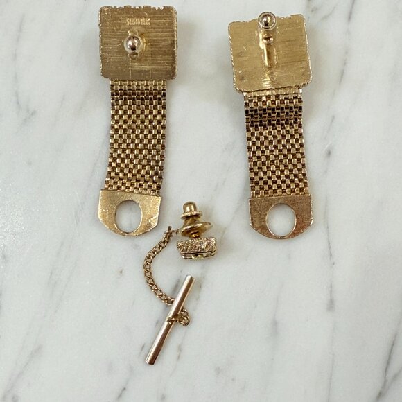 Gold Mesh Swank Cuff Link & Tie Tack set with Rivoli cut yellow stone - Picture 6 of 10